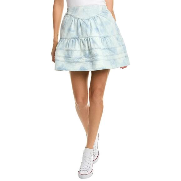 Sea NY Bleached Denim Daryl Mini Skirt Size S Tiered Elastic Waist Pockets - Picture 1 of 8